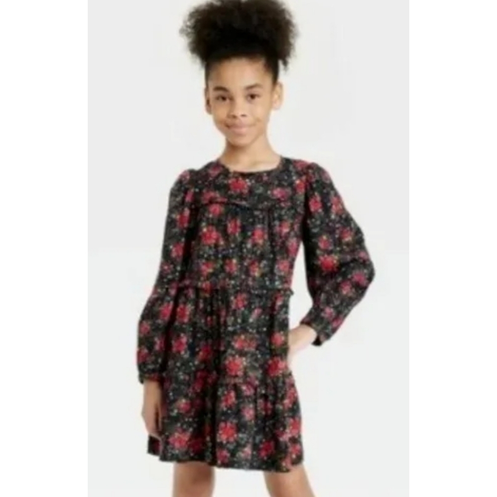 Cat & Jack Floral Tiered Long Sleeve dress Black Size XL (14/16)